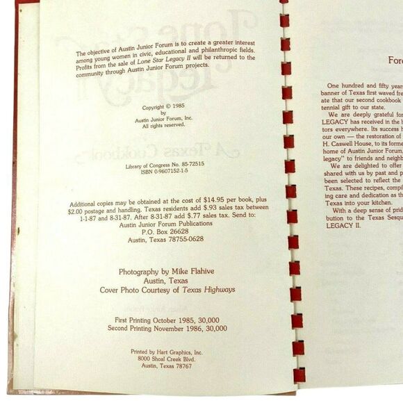 Lone Star Legacy II Cookbook by Austin TX Junior Forum Hardcover Spiral 1986 - Picture 5 of 12